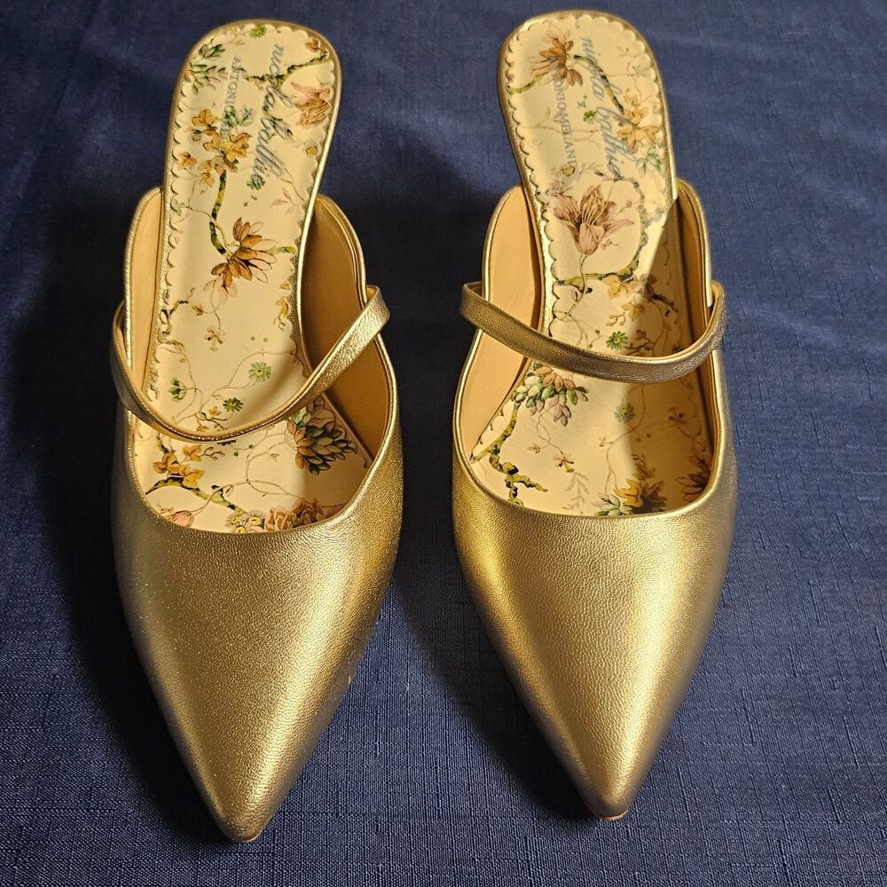 Antonio Melani x Nicola Bathie Maddie 9M Gold Metallic Leather Slip-On Mules New